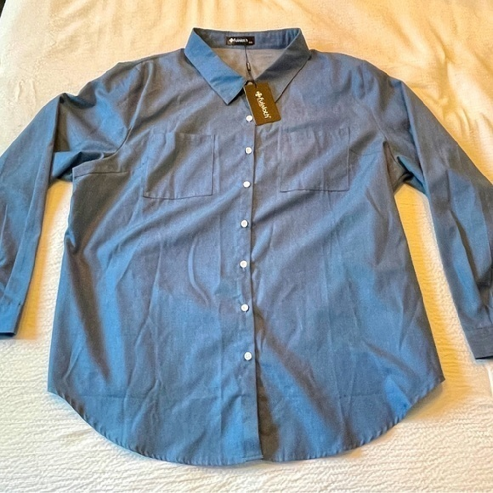 Fuinloth Shirt Womens XXL Blue Blouse‎ Button Up Long Sleeve Cotton Pocket